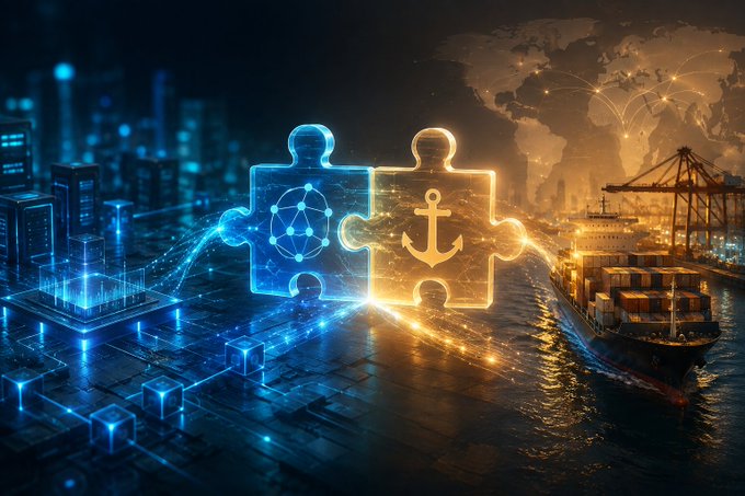 A digital illustration showing a glowing blue puzzle piece with a network icon connecting to a glowing orange puzzle piece with an anchor symbol, set against a backdrop of a futuristic city and a shipping port.