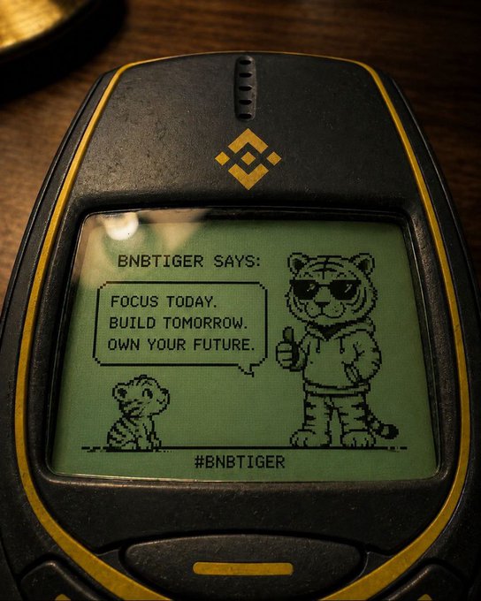 A handheld electronic device displays a cartoon tiger wearing sunglasses and a hoodie giving a thumbs-up, with text reading 'BNBTIGER SAYS: FOCUS TODAY. BUILD TOMORROW. OWN YOUR FUTURE. #BNBTIGER', alongside the Binance logo.
