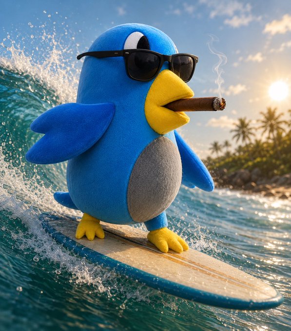 3D-rendered blue penguin character wearing black sunglasses and smoking a cigar while surfing on a wave at a tropical beach with palm trees and sunset.