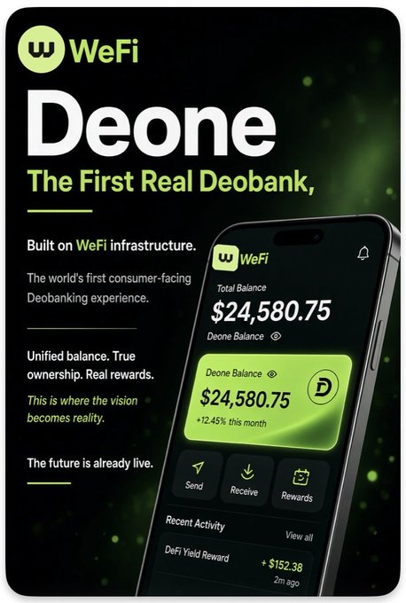 A promotional graphic for **Deone**, branded as "The First Real Deobank, Built on WeFi infrastructure," showcases a smartphone mockup displaying a total balance of **$24,580.75** (+12.45% this month) alongside Send, Receive, and Rewards buttons, and a recent DeFi Yield Reward of +$152.38. The design visually reinforces the post's message of unified balance, true ownership, and real rewards in a consumer-facing deobanking experience.