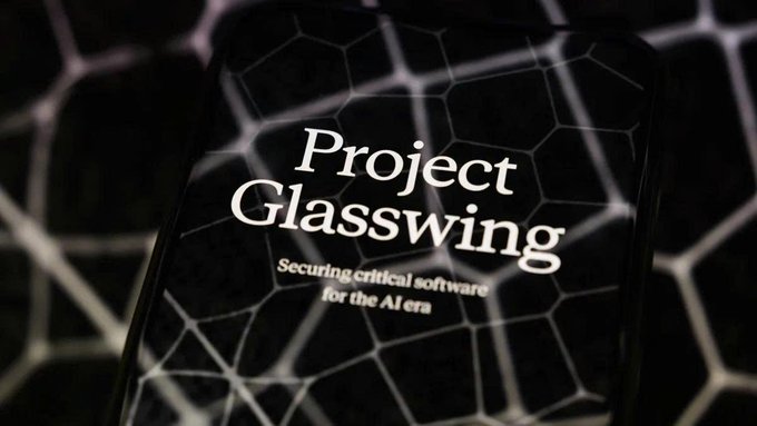 A smartphone displays the title "Project Glasswing - Securing critical software for the AI era" against a dark geometric background, visually representing the Anthropic cybersecurity initiative that Kraken's parent company Payward has joined to utilize the Claude Mythos 5 AI model for detecting software vulnerabilities.