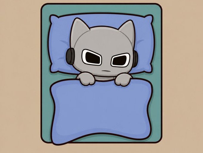 A cute cartoon illustration of a gray cat-like character in bed, peeking out from under a blue blanket with black headphones on.