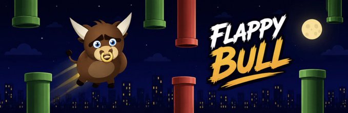 A nighttime scene shows a cartoon bull flying between green and red pipes in a Flappy Bird-style game, with the title "FLAPPY BULL" displayed on the right and a city skyline beneath a full moon in the background. The image promotes the Flappy Bull meme crypto game mentioned in the post, visually representing the free-to-play game being built by the project.
