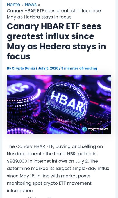 Crypto news article headlined "Canary HBAR ETF sees greatest influx since May as Hedera stays in focus" (By Crypto Dunia, July 5, 2026), featuring an image of glowing blue HBAR coins on a circuit board, reporting that the Canary HBAR ETF (ticker: HBR) pulled in $989,000 in inflows on July 2—its largest single-day influx since May 15.