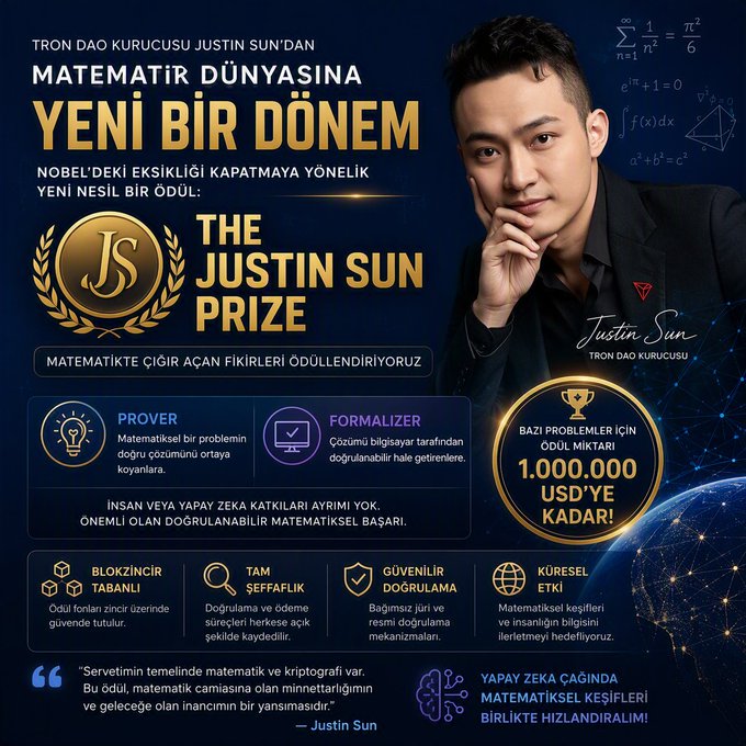 The image is a promotional poster in Turkish announcing "THE JUSTIN SUN PRIZE," a new mathematics award founded by TRON DAO creator Justin Sun, featuring his portrait alongside the Justin Sun logo, mathematical formulas, and a prize amount of "1,000,000 USD." The poster highlights categories for "PROVER" and "FORMALIZER" and emphasizes that the distinction between human and artificial intelligence doesn't matter, only verifiable mathematical success—aligning with the post about filling the Nobel Prize's missing category for mathematics.