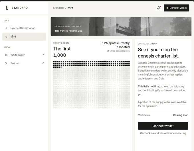 The image shows the "Mint" page of the Standard protocol website, displaying that 125 of 1,000 possible Genesis Bank Charter spots are currently allocated, with the mint status marked as "Coming soon." This relates to the post about Standard Reserve's experimental "sovereign onchain central bank" concept, highlighting the limited genesis mint opportunity for the $STANDARD token ecosystem.
