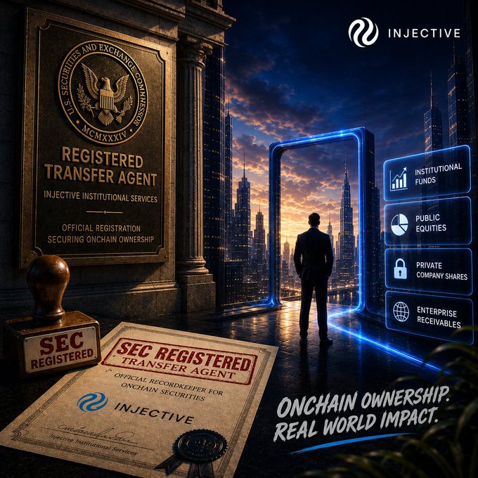 An Injective promotional image showing an SEC-registered Transfer Agent plaque and certificate, with the tagline 'ONCHAIN OWNERSHIP. REAL WORLD IMPACT.' and categories like Public Equities, Private Company Shares, and Institutional Funds.