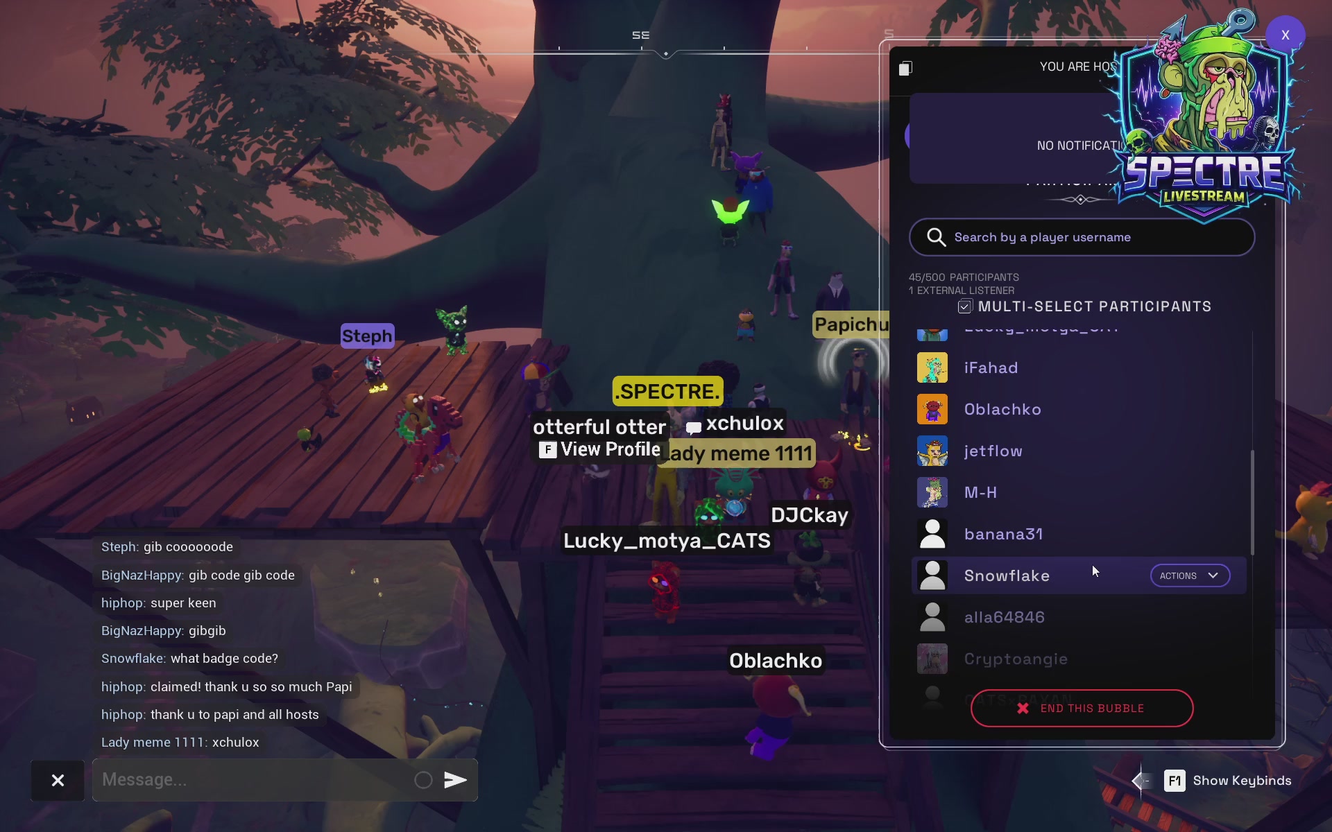 The image shows a video game screen with various characters, including a tree and people, as well as a menu bar that includes options for different games or activities. The main focus of the image is a post about an event called "Otherside Meta Chulos Event Fun Games". This event seems to be related to gaming, possibly involving a multiplayer game or a special party with unique elements like a tree and people in it.