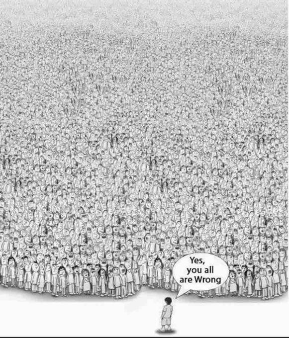 A lone figure faces an enormous crowd, declaring "Yes, you all are Wrong," symbolizing a contrarian stance against widespread consensus. This ties to the "Something is brewing on BNB" post by suggesting a minority viewpoint challenging the majority opinion about BNB, hinting at an unconventional or opposing take on the asset's trajectory.