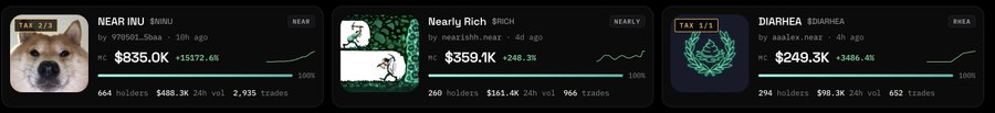 Three memecoin trading cards displayed on a dark interface: NEAR INU trading at ฿835.0K, Nearly Rich at ฿359.1K, and DIARHEA at ฿249.3K, each showing holder and trade statistics.