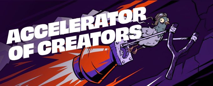 A promotional graphic with bold text reads 'ACCELERATORS OF CREATORS' featuring a cartoon bird in a small rocket ship.