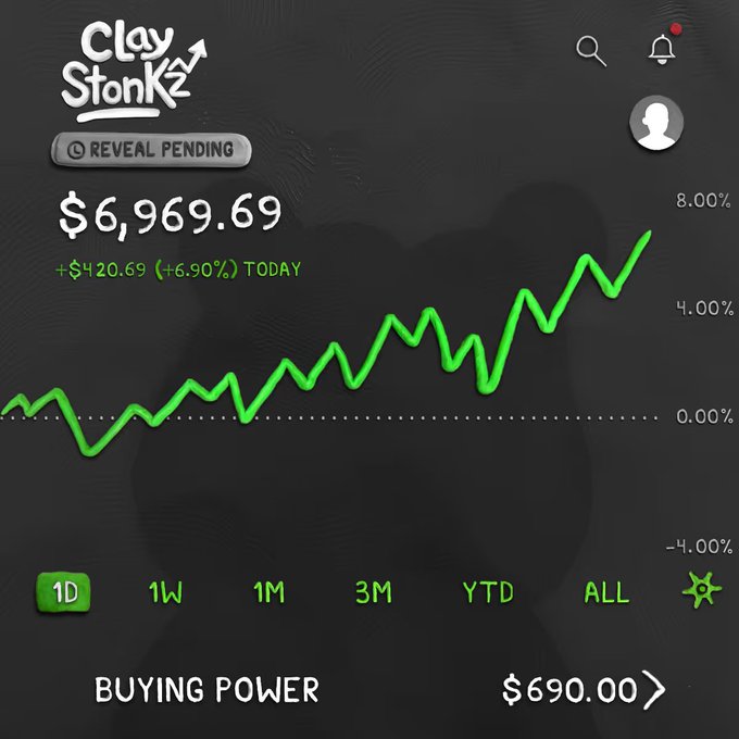 A financial tracking screenshot from Robinhood titled 'Clay Stonks' displays a balance of $6,969.69 with a daily gain of +$420.69 (+6.90%), showing a trending green line chart over the '1D' period with $690.00 buying power.