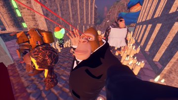 A screenshot from a video game showing a 3D animated character in a suit and glasses in what appears to be a church or cathedral setting.