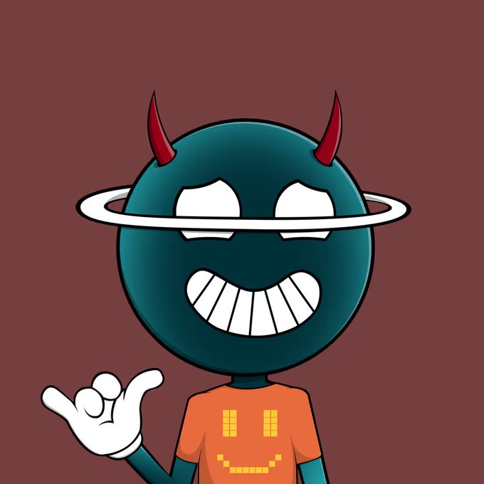 A cartoon devil character with red horns, a halo, and a wide toothy grin waves while wearing an orange pixelated smiley shirt, fitting the playful meme tone of someone proudly "holding fat bags" of the listed tokens $LFI, $BNKR, and $DRB.