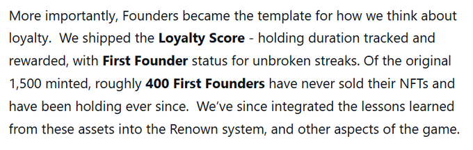 Text describing a "Loyalty Score" system with "First Founder" status, noting 400 of the original 1,500 minted NFTs have never been sold, with lessons integrated into the Renown system.