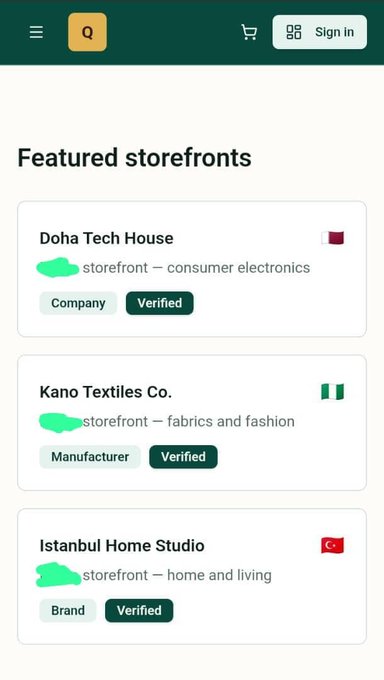 A mobile screenshot of a "Featured storefronts" page listing Doha Tech House (storefront — consumer electronics), Kano Textiles Co. (storefront — fabrics and fashion), and Istanbul Home Studio (storefront — home and living), all marked Verified, visually illustrating the Sidra Mall announcement of three newly verified companies joining the platform.
