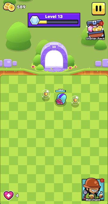 A screenshot of a mobile tower defense game showing Level 13, with a purple portal marked '20', 589 coins, and a 'Merchant' character icon.