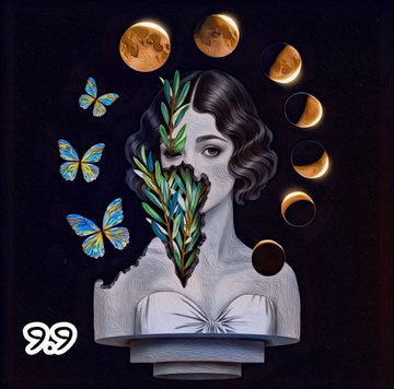 A surreal painting depicting a classical bust of a woman with foliage partially covering her face, surrounded by phases of the moon and blue butterflies against a dark background.