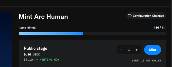 A screenshot of a 'Mint Arc Human' NFT minting page showing 486/1,111 items minted with a 'Public stage' price of 0.10 USDC and 'MINTING NOW' status.