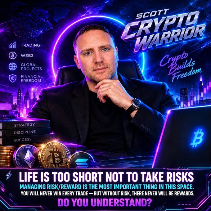 A confident man in a black blazer poses against a vibrant neon-purple and blue background featuring a glowing ring, futuristic cityscape, and cryptocurrency graphics, with bold branding reading "SCOTT CRYPTO WARRIOR" and "Crypto Builds Freedom," alongside icons highlighting Trading, Web3, Global Projects, and Financial Freedom, accompanied by stacked books labeled "STRATEGY, DISCIPLINE, SUCCESS," physical and digital Bitcoin and Ethereum coins, and a laptop displaying the Bitcoin logo, all reinforcing the post's message "Life is too short not to take risks" and emphasizing risk management as the cornerstone of trading success.