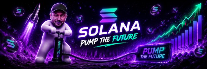 A stylized promotional banner features a man in a cap riding an inflatable Solana pump, with the bold text "SOLANA PUMP THE FUTURE" displayed prominently alongside a rising green chart and floating Solana logos, aligning with the community-added banner for $tolylet on Moby.