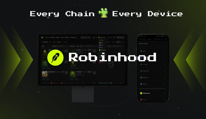 Promotional graphic for Robinhood featuring the Robinhood logo over a desktop and mobile app interface, with the tagline 'Every Chain 🐸 Every Device'.
