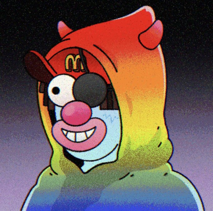 A cartoonish illustration of a character with large mismatched eyes, pink lips, and a McDonald's logo on its forehead, wearing a rainbow-colored hood.