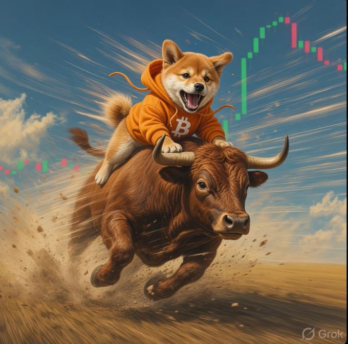 A digital illustration of a Shiba Inu dog wearing an orange hoodie with a Bitcoin '₿' logo, riding on the back of a charging brown bull, with a colorful stock chart candlestick pattern displayed in the sky background. (Grok watermark visible)