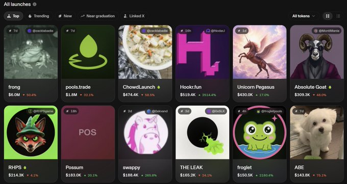 The image shows a crypto launchpad dashboard titled "All launches" displaying various recently launched tokens including $frog ($6.0M, -50.4%), pools.trade ($1.8M, -32.1%), ChowdLaunch ($474.4K, -58.5%), Hook.fun ($519.4K, +2514.4%), Unicorn Pegasus ($430.0K, +17.0%), and several others, with the post's criticism of $FRONG's sharp 50%+ decline aligning with the visible -50.4% drop and reduced market cap on the dashboard.