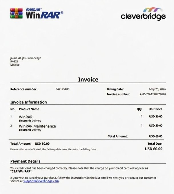 This image is a WinRAR invoice from cleverbridge charging USD 60.00 to jaime de jesus moncayo (dated May 25, 2026) for WinRAR Electronic Delivery and Maintenance. The image humorously relates to the post by implying that one of the author's splurge purchases after $HBAR hitting $1 was a WinRAR license.