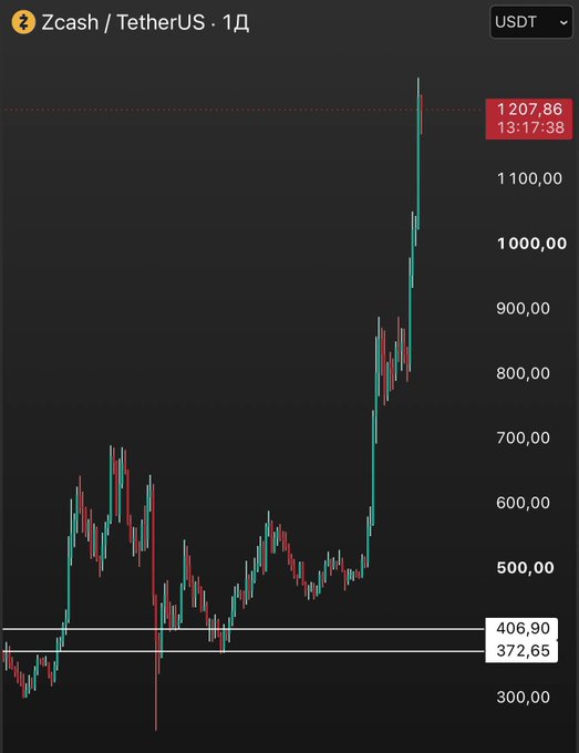 A candlestick chart for Zcash/TetherUS (ZEC/USDT) on a 1-day timeframe, showing price levels ranging from 300 to 1,207.86, with a recent sharp upward spike highlighted.