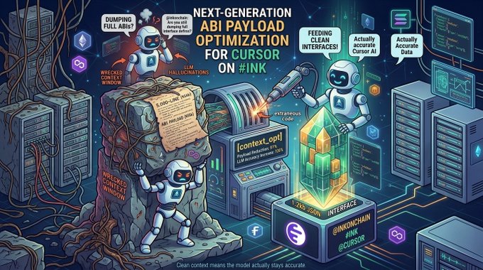 A colorful digital illustration depicting robots working on ABI payload optimization for Cursor on #INK, featuring text bubbles with phrases like 'DUMPING FULL ABIs', 'FEEDING CLEAN INTERFACES', 'WRECKED CONTEXT WINDOW', and 'ILLM HALLUCINATIONS'. The artwork includes hashtags '#INKONCHAIN' and '#CURSOR' along with a caption about clean context keeping the model accurate.