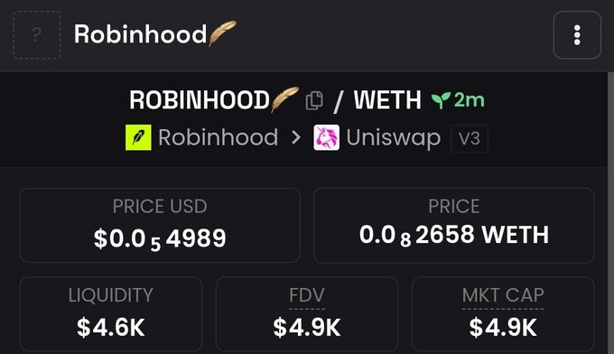 A Robinhood-branded meme token (ticker: ROBINHOOD) is shown trading against WETH on Uniswap V3 at approximately $0.00004985 with a market cap of $4.9K and only $4.6K in liquidity. The image's extremely low valuation aligns with the post's reference to a micro-cap token on a launchpad ("pons") and its "new era" promotional tone.