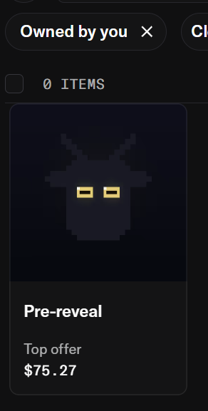 A dark-themed NFT marketplace interface shows a 'Pre-reveal' item with a pixelated hooded figure, owned by the user, with a top offer of $75.27.