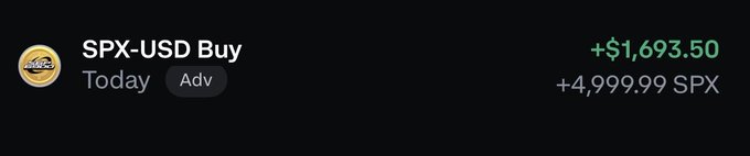 The image shows a cryptocurrency transaction confirmation for buying SPX-USD, displaying a purchase of +4,999.99 SPX for +$1,693.50 today via Advanced trading. This visually documents the user's stated commitment to dollar-cost averaging (DCA) into SPX6900 tokens while on vacation, reinforcing their message about accumulating "gems" by purchasing on a centralized exchange (CEX) and moving to cold storage.