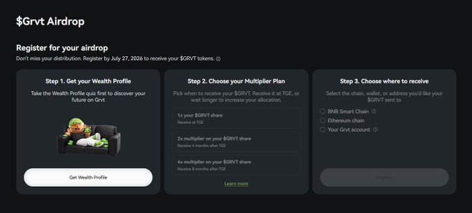 A screenshot of a '$Grvt Airdrop' registration page with three steps: Get your Wealth Profile, Choose your Multiplier Plan (1x, 2x, or 4x multiplier for waiting), and Choose where to receive tokens (BNB Smart Chain, Ethereum, or Grvt account), with a deadline of July 27, 2026.