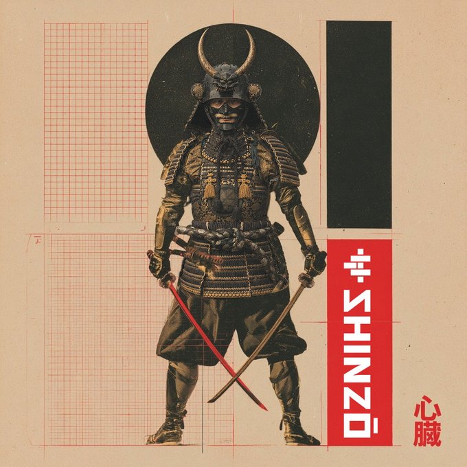 A stylized illustration of a samurai warrior in traditional armor with horns on the helmet, holding two swords, with 'SHINZO' written vertically in white on a red background alongside Japanese characters '心臓'.