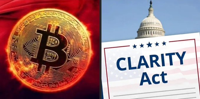 A split image showing a Bitcoin coin engulfed in flames on the left and the U.S. Capitol building with a 'CLARITY Act' document on the right, suggesting news about cryptocurrency legislation.