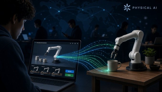 A digital illustration showing a person programming a robotic arm on a laptop, with data streams flowing to a physical robot arm holding a mug on a wooden table. The 'PHYSICAL AI' logo appears in the upper right corner.