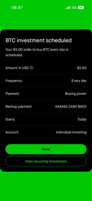 A green and black mobile app screen confirms a 'BTC investment scheduled,' showing details for a $5.00 daily Bitcoin purchase using 'KASASA CASH BACK' as the backup payment.