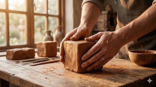 The image shows a person's hands holding a block of clay, which appears to be a piece of pottery or sculpture. The background features a window with blinds that allow natural light into the room. The caption for the image reads "Why clay?" and "CLAY?", suggesting an interest in the material or its properties.