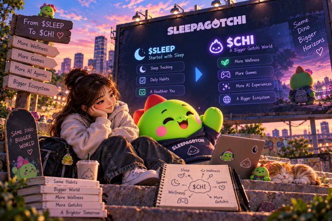 An advertisement for 'SLEEPAGOTCHI' shows a girl with a green mascot character in front of a billboard promoting '$SLEEP' to '$CHI' with features like 'Sleep Tracking' and 'More Wellness'.
