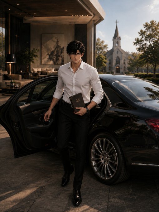 A stylishly dressed young man in a white shirt steps out of a black luxury sedan, holding a Bible, with a church visible in the background—pairing perfectly with the "good morning" and "happy Sunday" vibe of the post.