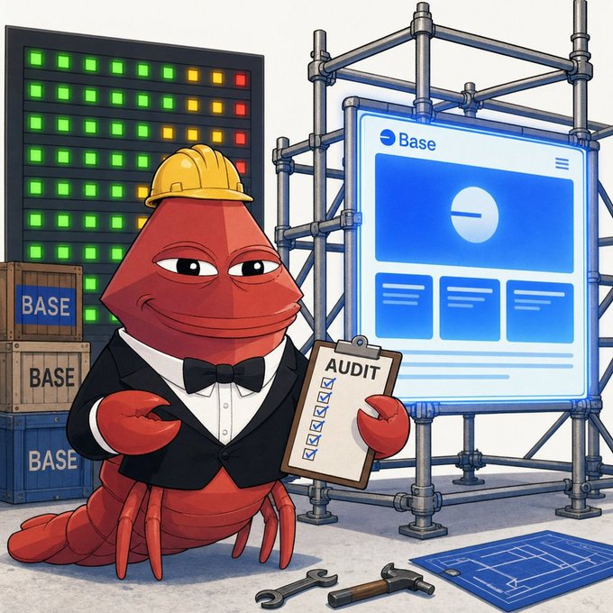 A cartoon red lobster wearing a yellow hard hat, tuxedo, and bow tie holds a clipboard labeled "AUDIT" next to construction scaffolding displaying a "Base" blockchain interface, with "BASE" branded crates nearby.
