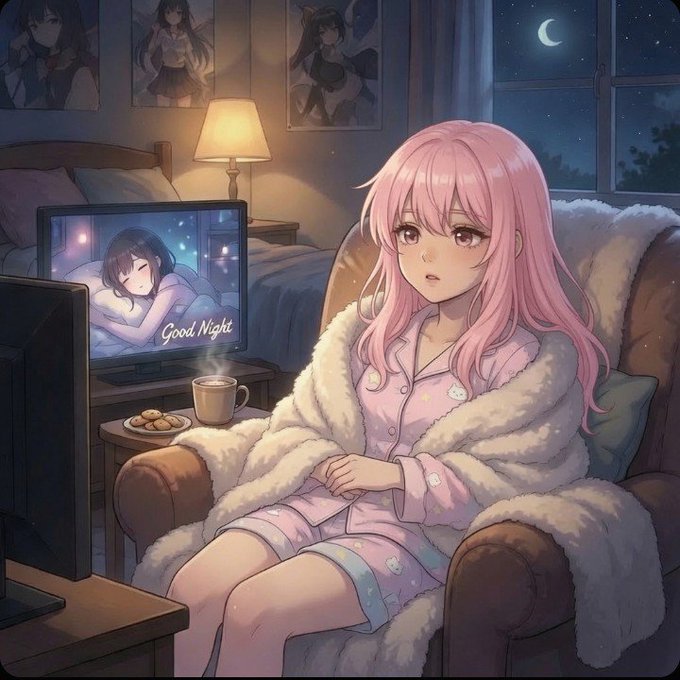 A pink-haired anime girl in cozy pajamas sits wrapped in a fluffy blanket in a warm bedroom at night, with a TV screen displaying "Good Night" alongside the post's evening greeting to the $RIVER Web3 community.
