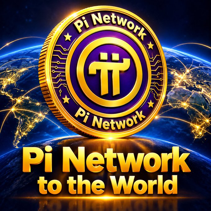 A promotional graphic featuring a large gold and purple Pi Network coin with the Pi symbol prominently displayed, set against a glowing Earth globe with illuminated city lights and network connections, with text reading 'Pi Network' on the coin and 'Pi Network to the World' in gold lettering below.