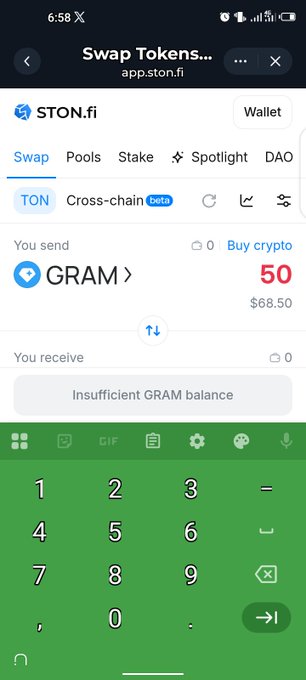 A mobile screenshot of STON.fi showing a token swap interface where 50 GRAM ($68.50) is being sent, but returns an 'Insufficient GRAM balance' error.