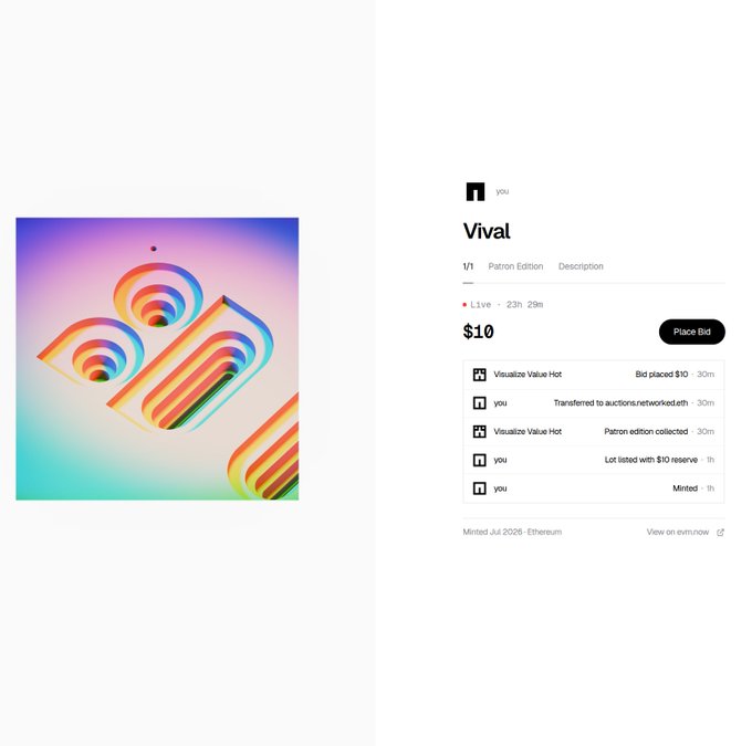 A screenshot of a digital auction platform showing an NFT artwork titled 'Vival' (Patron Edition) with a current bid of $10, listed 1 hour ago.