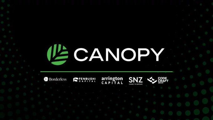 A black promotional graphic displaying the 'CANOPY' logo with investor names including Borderless, Fenbushi Capital, Arrington Capital, SNZ, and CodeCraft.