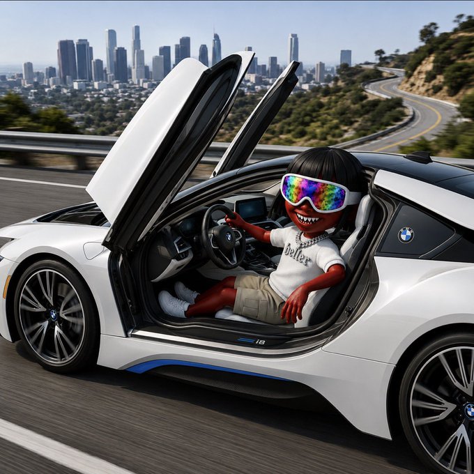 An AI-generated image shows a stylized figure with dark skin, wearing colorful mirrored ski goggles and a white 'Dallor' t-shirt, sitting in the driver's seat of a white BMW i8 with scissor doors open, parked on a road overlooking the Los Angeles skyline.